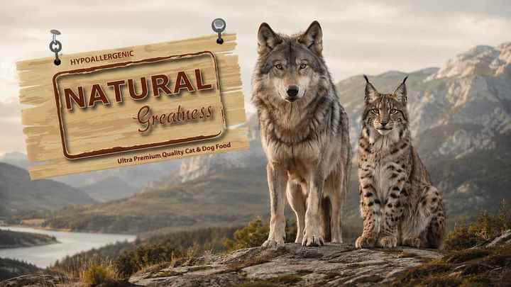 Volk in ris v gorski pokrajini z logotipom Natural Greatness